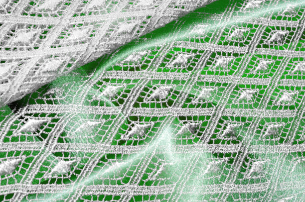 纹理背景图案。花边的白色织物。手蕾丝上的白色背景。白色饰品，婚纱面料上的刺绣，明信片，照片墙纸，海报，图片下载