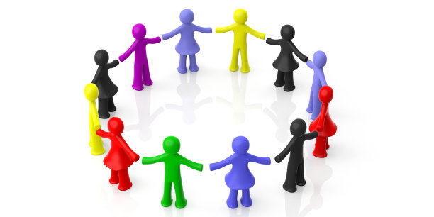 一圈彩色人物手牵着手孤立在白色背景上。三维演示图片下载