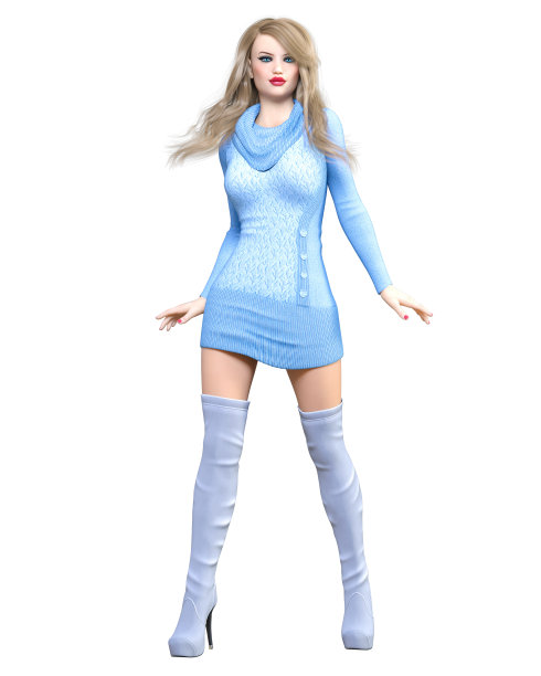 漂亮的金发，短针织束腰外衣，长靴子。图片下载