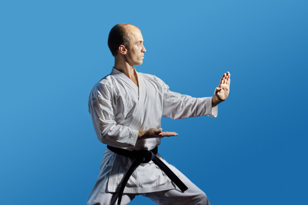 在蓝色背景下，一名黑带运动员正在进行正式的空手道练习图片下载