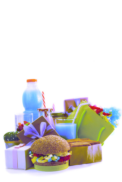 超现实主义节日合成饮料，零食，节日汉堡饼干，金箔纸屑，礼盒，鸡尾酒，仙人掌饱和的颜色。图片下载