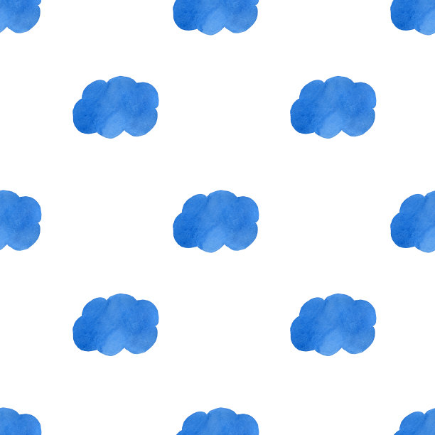 蓝色云彩的无缝图案，用水彩画，孤立在白色的背景。水彩蓝云无缝图案。图片下载