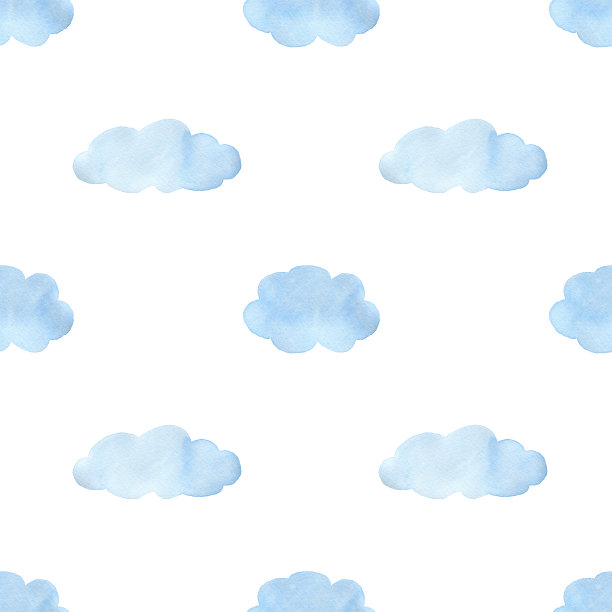 蓝色云彩的无缝图案，用水彩画，孤立在白色的背景。水彩蓝云无缝图案。图片下载