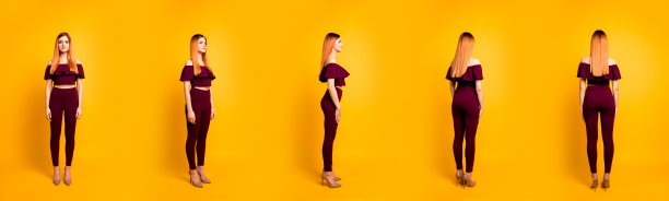 整个长度尺寸的身体工作室照片拍摄肖像漂亮自信，严重的fit瘦瘦优雅的女士穿着鞋紫红色套装孤立在明亮生动的柔和的背景图片下载