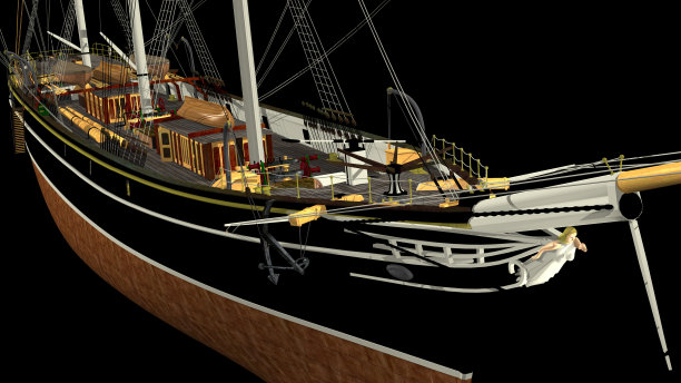一个典型的19世纪3桅杆Clipper的3D渲染。图片下载