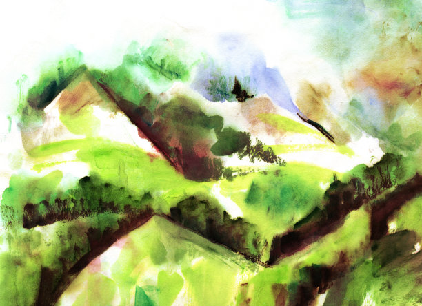 一幅水彩画山水画，充满活力的山景素材图片