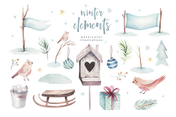 水彩圣诞快乐插画雪人，节日可爱的动物鹿，兔子。庆祝圣诞卡片。冬季新年设计。图片下载