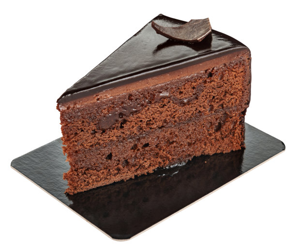 一块甜巧克力蛋糕在纸盘上孤立在白色。美味的甜点。图片下载