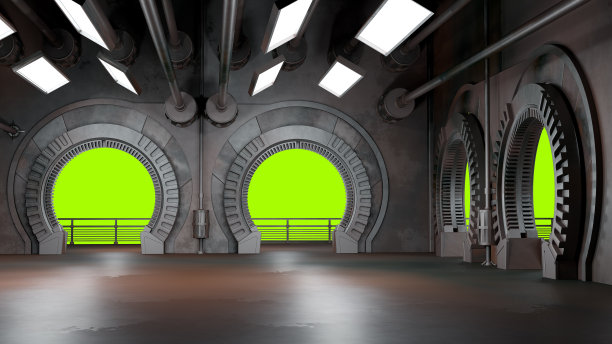 宇宙飞船未来的内部与窗户的观点。三维渲染图片下载