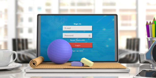 电脑键盘上的运动垫和普拉提球，模糊了商务办公室的背景。三维演示图片下载
