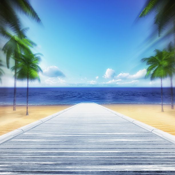 木桥通向大海在动态模糊图片下载