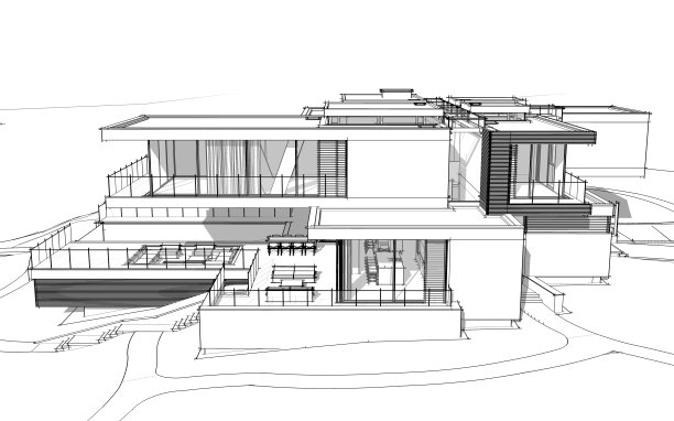 现代舒适屋的三维效果图黑色线条草图。图片下载