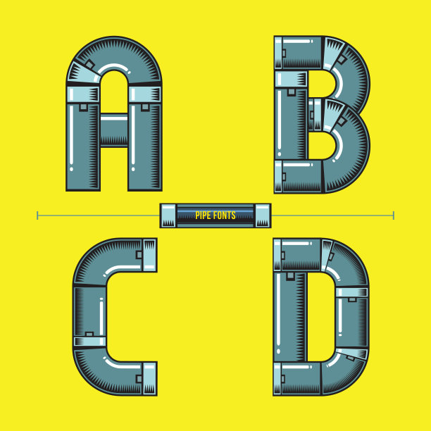 字母金属管风格在一套ABCD字体漫画向量图片下载