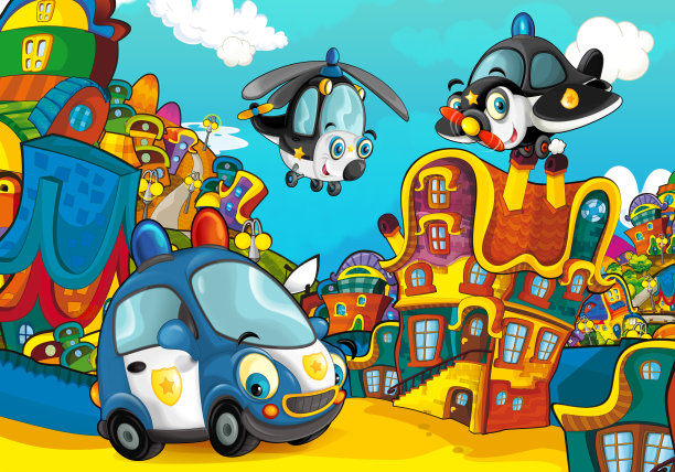 城市中有不同的警车——车行和直升机图片下载