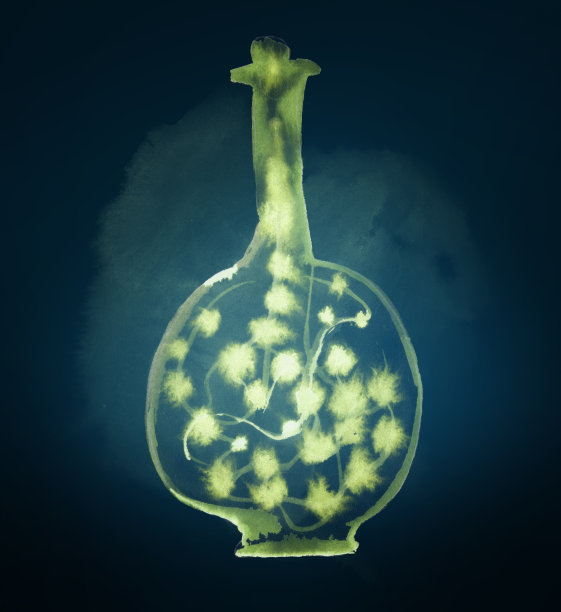 水彩插图。在暗夜的背景上，有绿色花环的瓶子亮了起来。图片下载