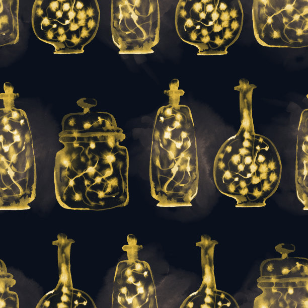 水彩插图。无缝模式的瓶子与黄色的花环灯在黑暗的夜晚背景。图片下载