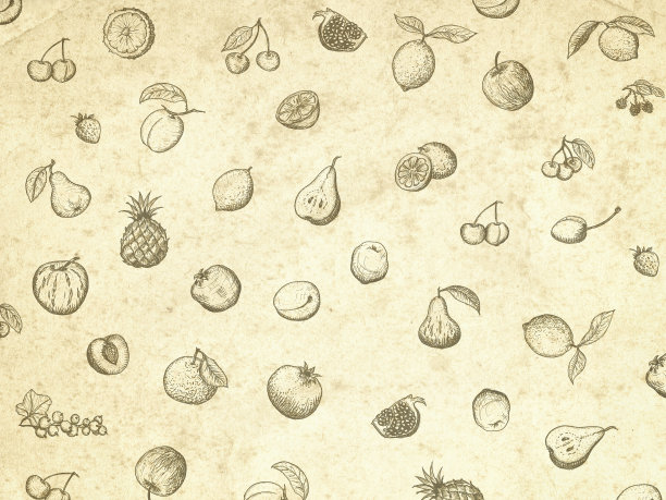 顶视图插图。画在牛皮纸上手写水果和蔬菜。图片下载