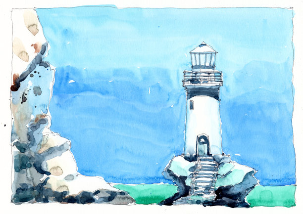 希腊灯塔水彩画，手绘于纸上图片下载