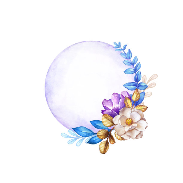水彩植物插图，花圆框，白紫罗兰手绘花，蓝色的金叶，童话花环，空白贺卡模板，文字空间图片下载