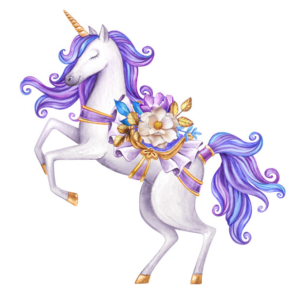 水彩白色独角兽插图，童话生物，紫罗兰卷曲的头发，神话动物剪辑艺术，孤立在白色的背景图片下载