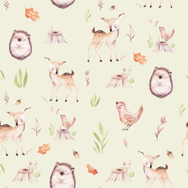 可爱的小狐狸、小鹿动物幼兔和小熊孤立插图图案。水彩画波西森林画，水彩画，刺猬形象，适合苗圃海报，图案素材图片