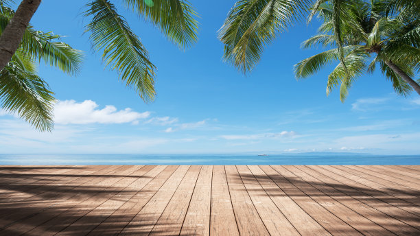 热带海边棕榈树下的空木制平台图片下载