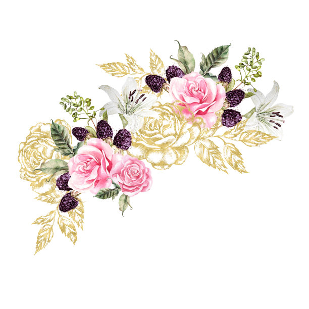 花环与黄金图形和水彩花。玫瑰、百合和浆果。图片下载