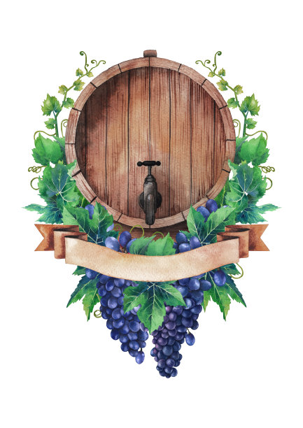 水彩酒桶装饰葡萄和树叶。图片下载