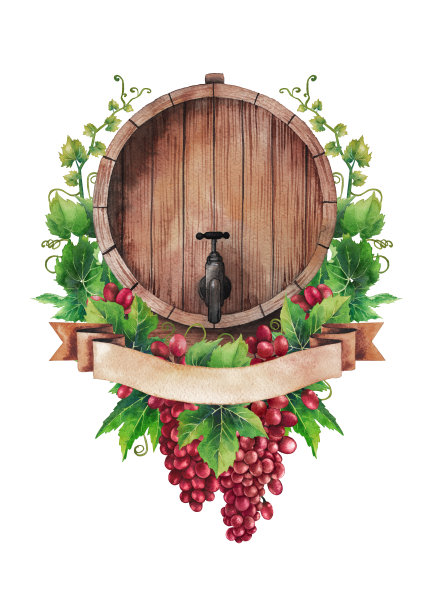 水彩酒桶装饰葡萄和树叶。图片下载