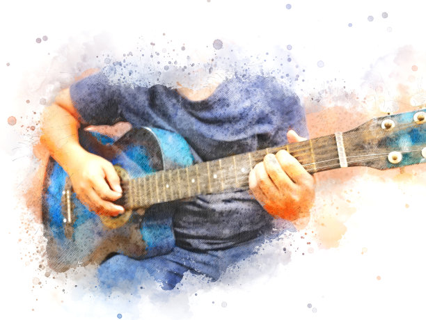 抽象美丽的弹吉他在前景上的水彩画背景和数字插图的笔刷艺术。图片下载