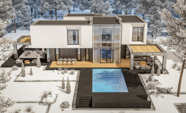 现代舒适的房子冬天的3d渲染与闪亮的白色雪图片下载