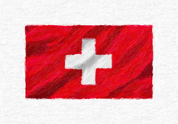 瑞士手画飘扬的国旗，油画隔离在白色帆布上，3D插图。图片下载