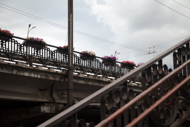 路口装饰有华丽的栏杆和鲜花图片下载