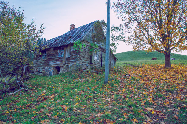 城市Korneti,拉脱维亚。老房子和秋天，树木和树叶。旅游自然照片2018。图片下载