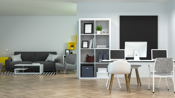 室内协同工作环境装饰客厅休息室有沙发和扶手椅模型家庭办公会议室有电脑和笔记本。在线商务3d渲染在家工作图片下载