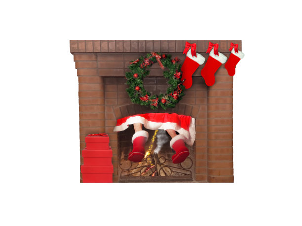 圣诞老人带着礼物爬过壁炉图片下载