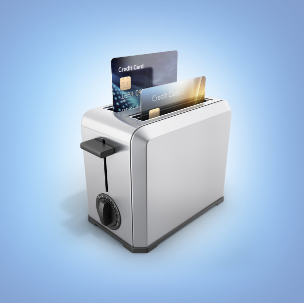现代概念的快速贷款和支付信用卡在烤面包机与绘制百分比孤立的蓝色梯度背景3d渲染图片下载