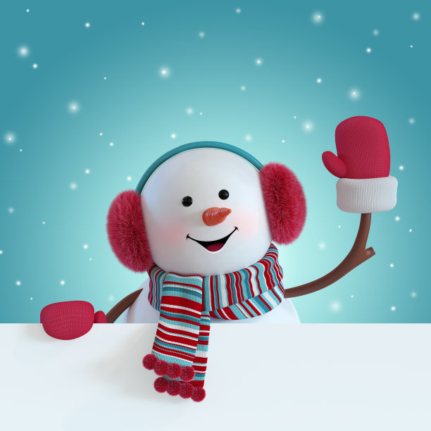 3d渲染，圣诞雪人人物，戴毛茸茸的耳机，围巾，挥舞的手，空白横幅，贺卡模板，文字空间，冬季假期剪辑艺术，下雪，有趣的玩具，插图图片下载