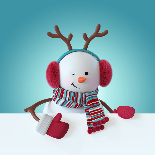 3d渲染，圣诞雪人人物，微笑，眨眼，戴毛茸茸的耳机，驯鹿的鹿角，空白横幅，贺卡模板，文字空间，冬季剪辑艺术，有趣的玩具，插图图片下载