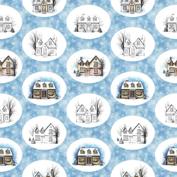 水彩无缝模式与冬季房屋图片下载
