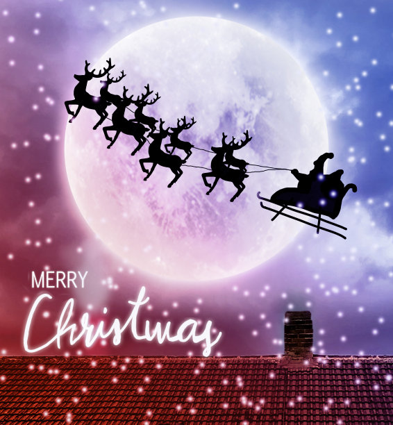 圣诞老人驾着驯鹿雪橇的剪影图片下载
