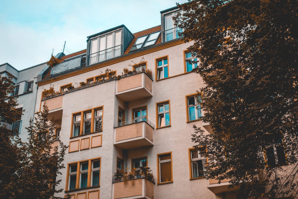 橙色的公寓房子和深色的树在右边的图片图片下载