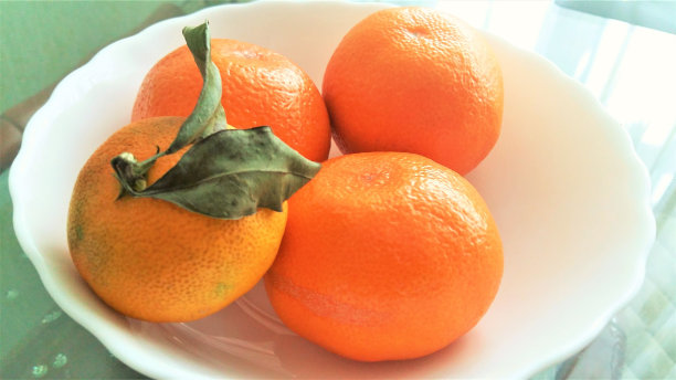 四个成熟的橘子，躺在一个白色的深盘子在桌子上图片下载