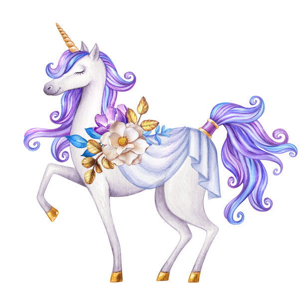 水彩白色独角兽插图，童话生物，紫罗兰卷曲的头发，神话动物剪辑艺术，孤立在白色的背景图片下载