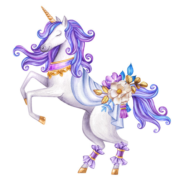 水彩白色独角兽插图，童话生物，紫罗兰卷曲的头发，神话动物剪辑艺术，孤立在白色的背景图片下载