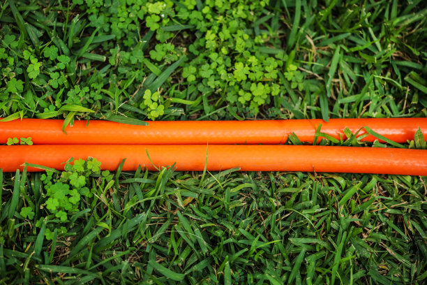 绿色草坪上的鲜艳橙色软管（双线），俯视角度，抽象园艺背景图片下载