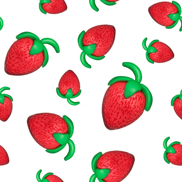 无缝图案与橡皮泥草莓在白色的背景。手工水果的照片。图片下载