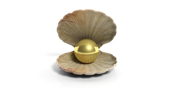 贝壳中的黄金珍珠孤立在白色的背景上。三维演示图片下载