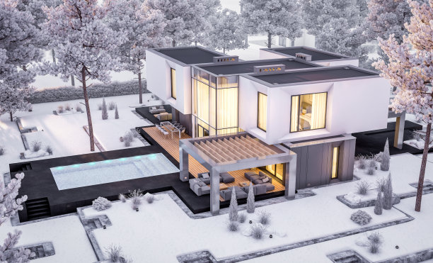 3d渲染现代舒适的房子与花园在冬季晚上图片下载