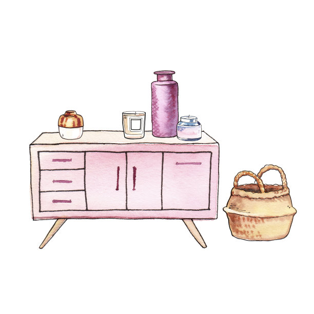 水彩手绘室内设计家具和装饰插图图片下载